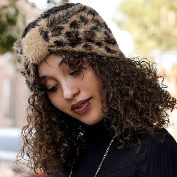 Faux Mohair Leopard Print Bow Headwrap