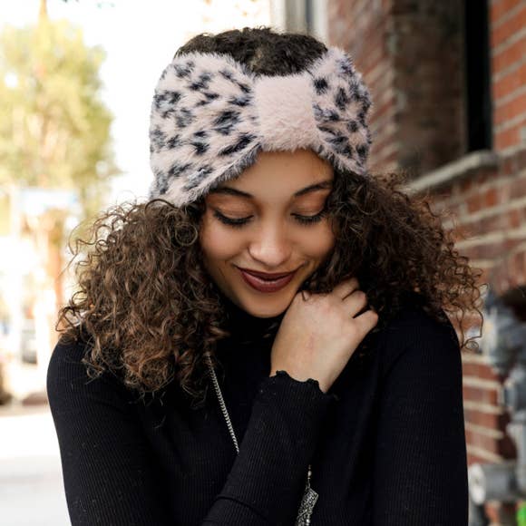 Faux Mohair Leopard Print Bow Headwrap