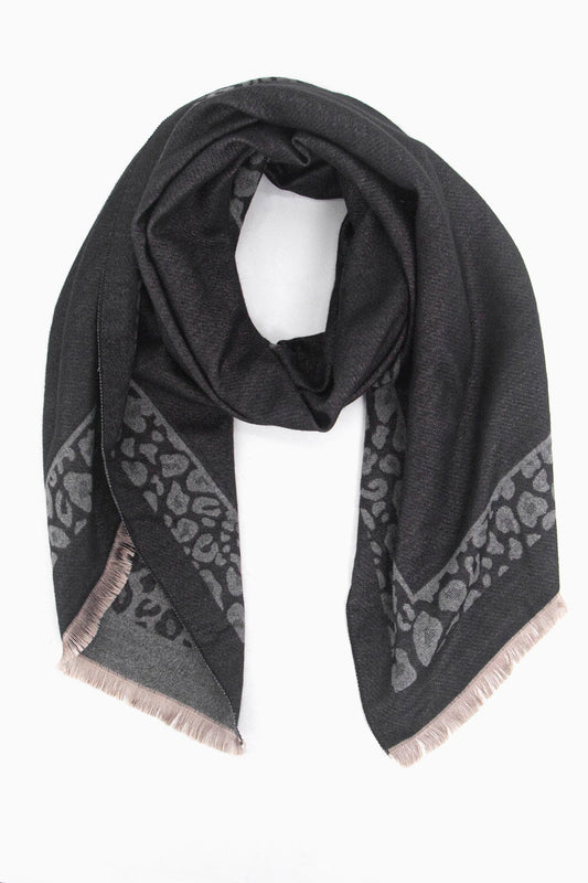 Aga Heavyweight Scarf - Black/Grey, Leopard Border