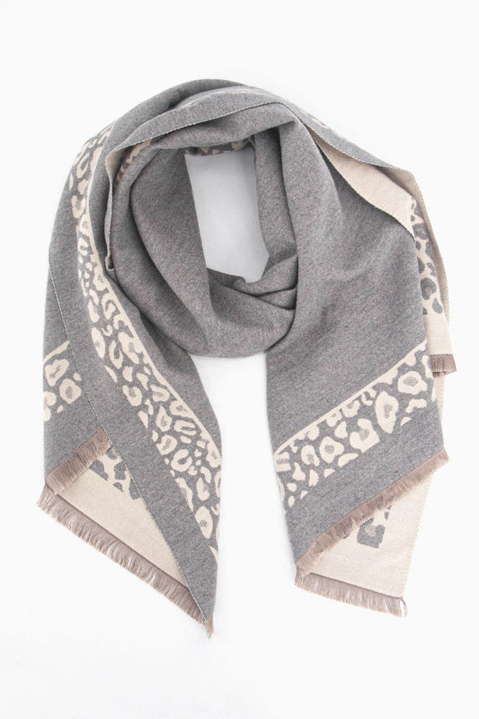 Aga Heavyweight Scarf - Grey/Light Pink, Leopard Border