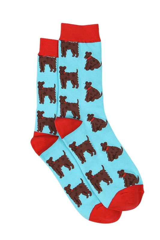 Mens Bamboo Dog Socks Schnauzer Print Novelty Sock Blue Red