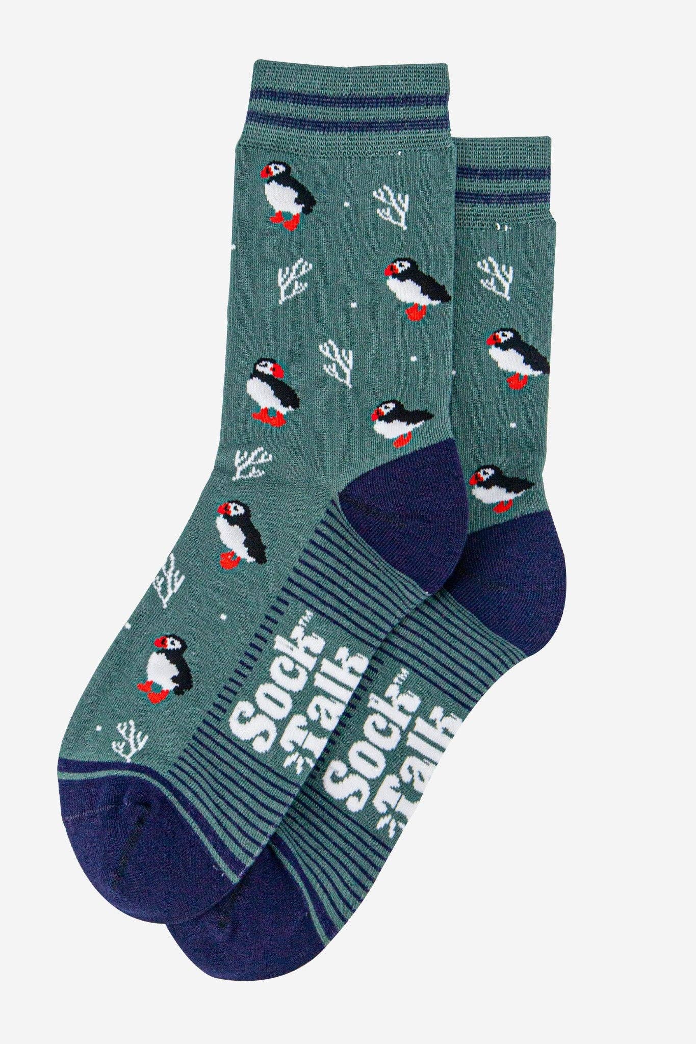Women's Bamboo Socks - Green/Navy Blue, Puffins and Coral