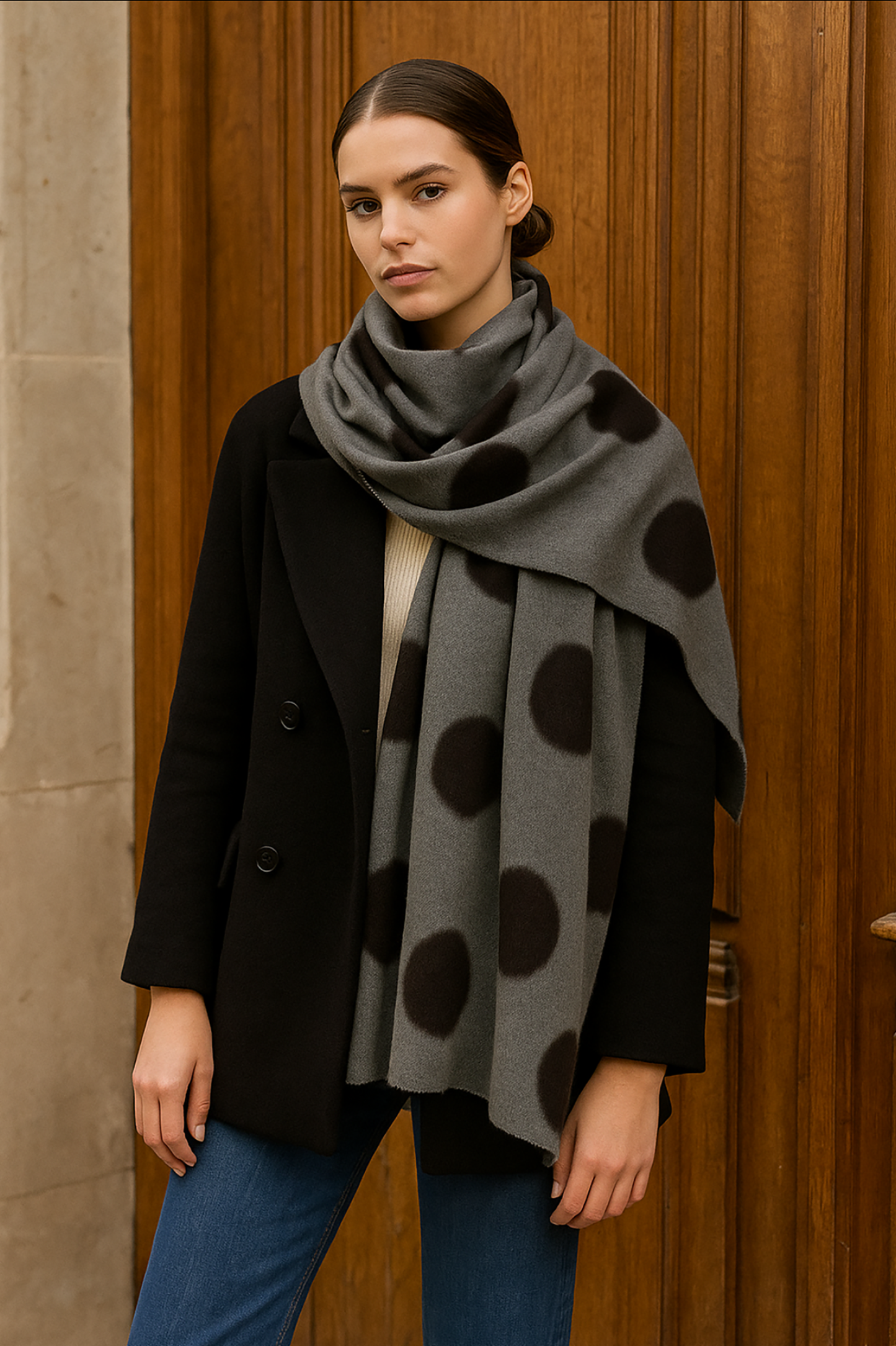 Bold Polka Dot Print Wool Frayed Scarf
