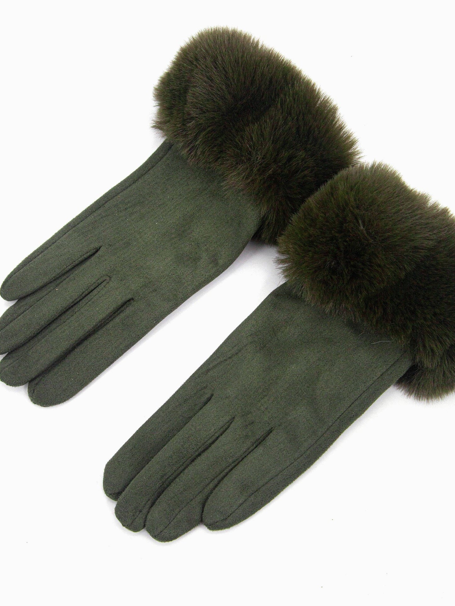 Zara Faux Fur Cuff Gloves - Khaki, Velvet