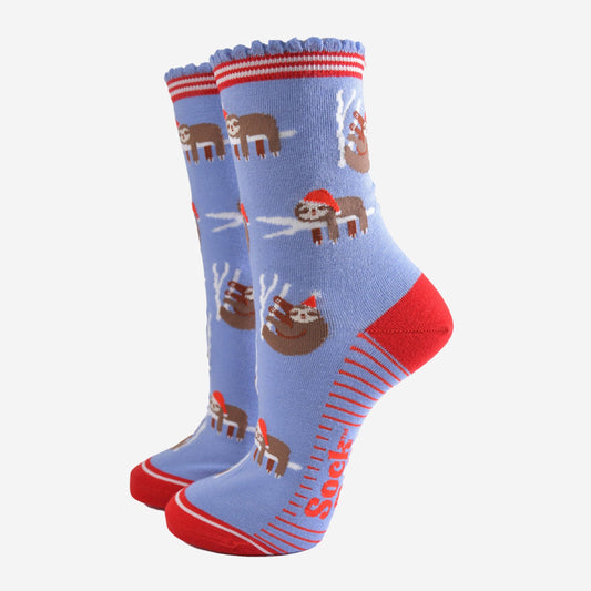 Christmas Sloth Bamboo Socks in Blue