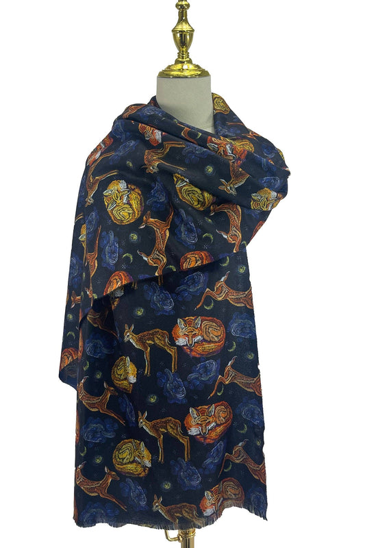 Fox & Deer Night Sky Art Inspired Wool Scarf