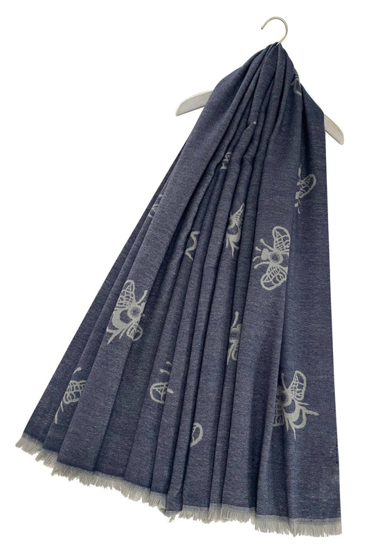 Reversible Soft Wool Bee Print Frayed Edge Scarf