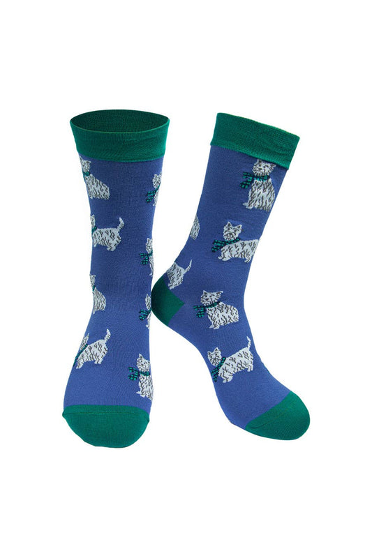 Mens Bamboo Dog Socks Scottie Dog West Highland Terrier Blue