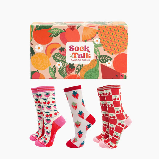 Women's Bamboo Socks Gift Box - Strawberries & Cherries