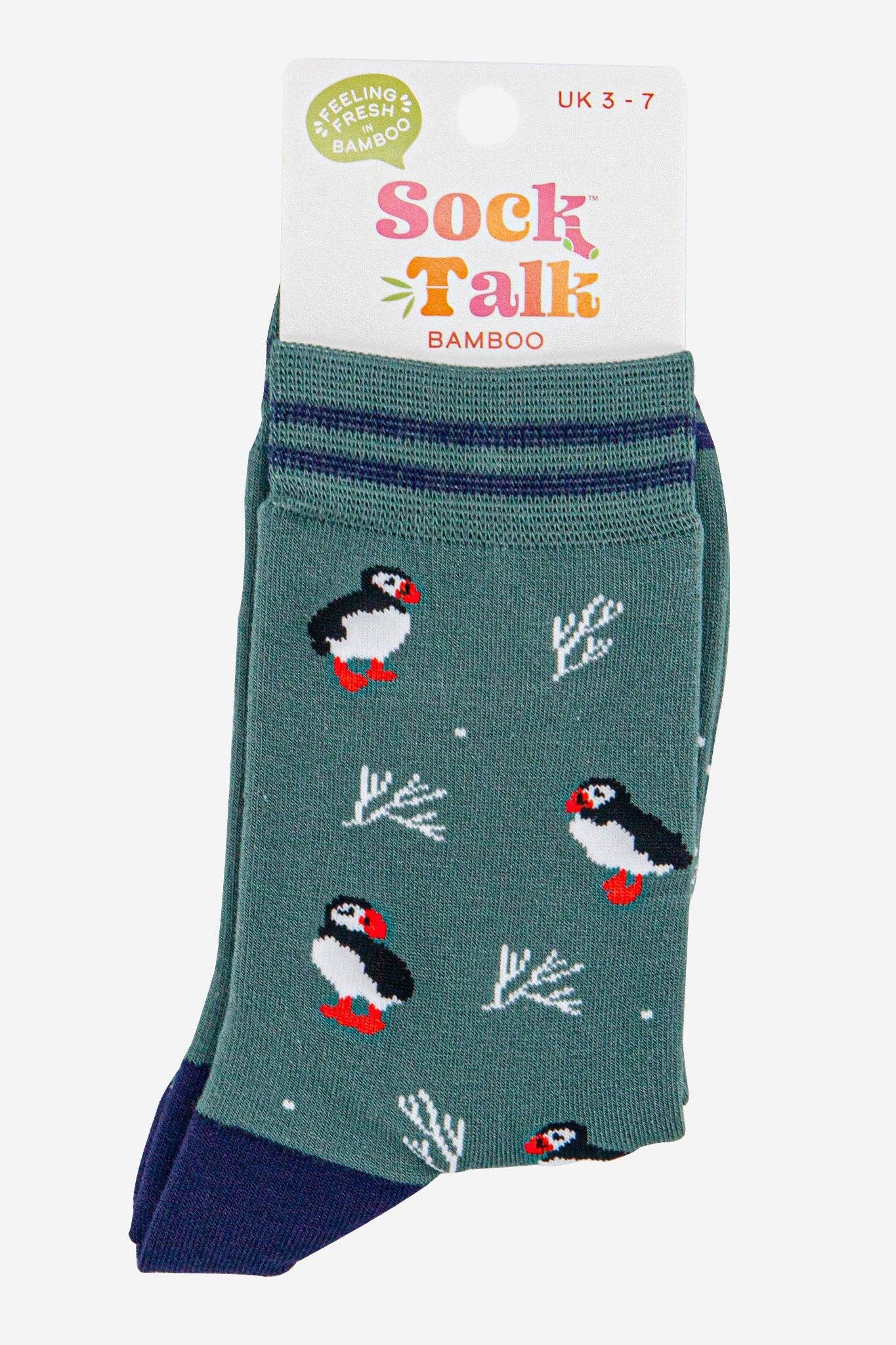 Women's Bamboo Socks - Green/Navy Blue, Puffins and Coral