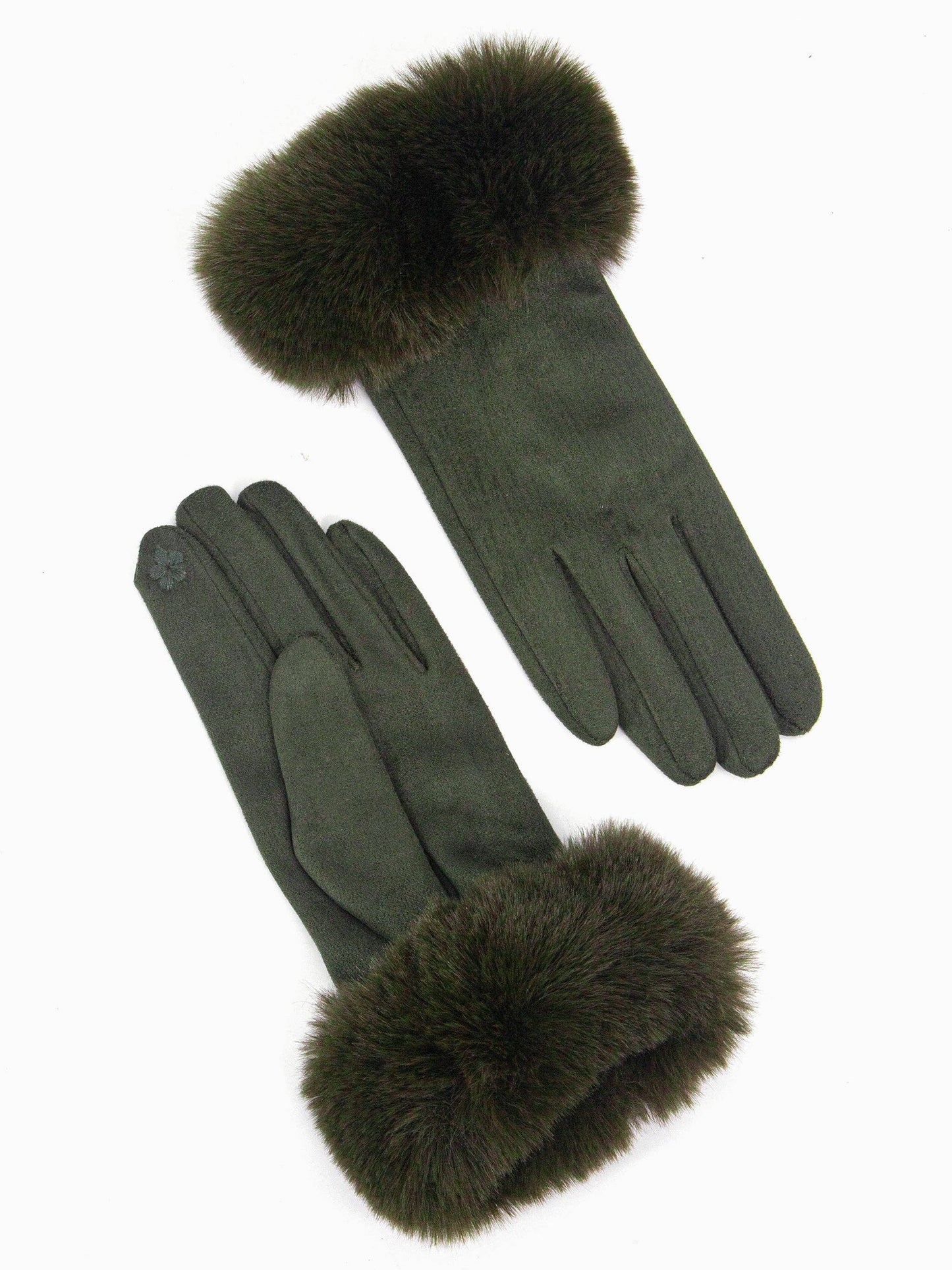 Zara Faux Fur Cuff Gloves - Khaki, Velvet