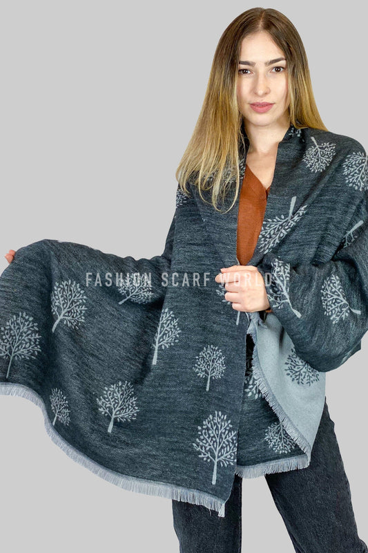 Reversible Soft Wool Tree Print Frayed Edge Scarf