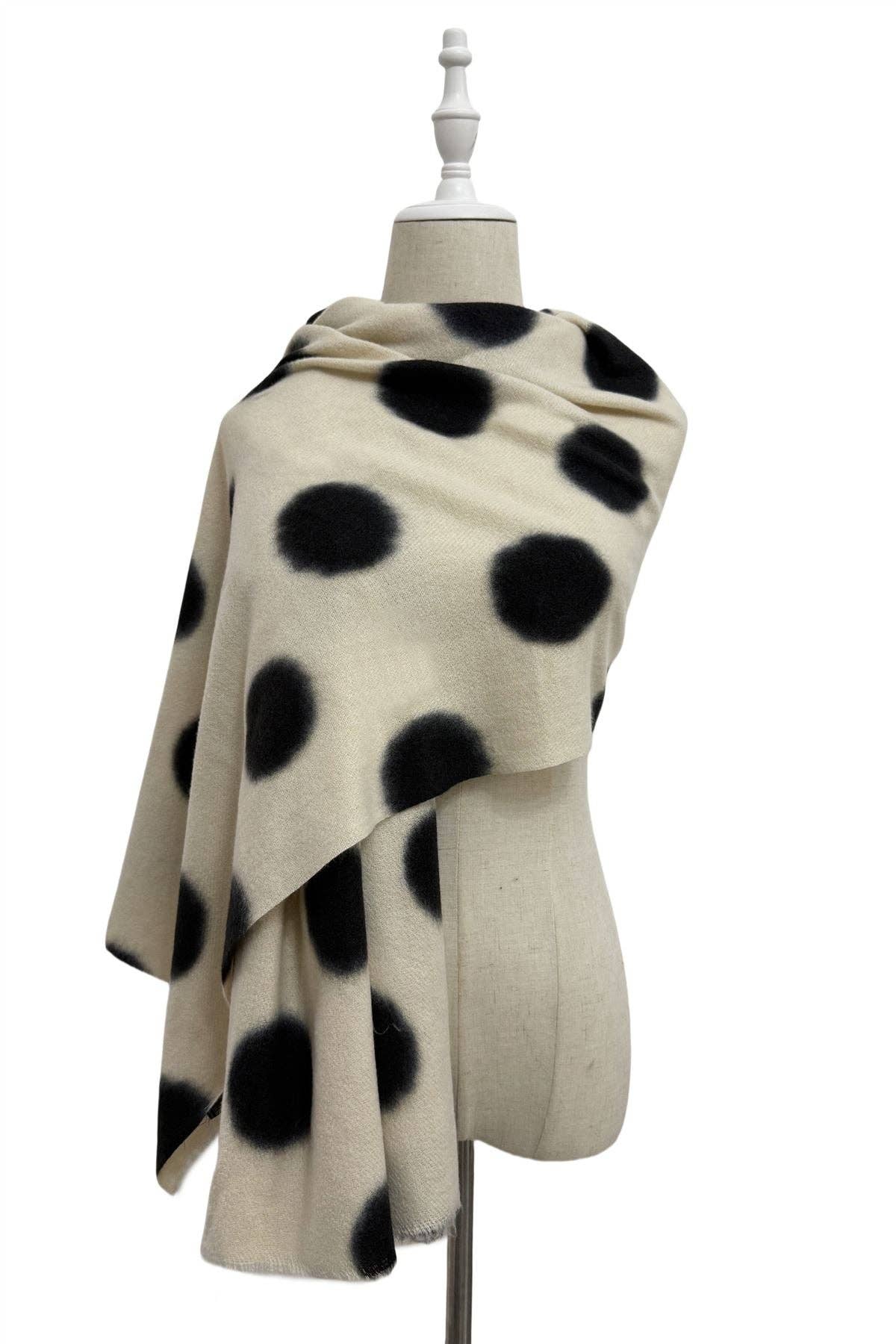 Bold Polka Dot Print Wool Frayed Scarf