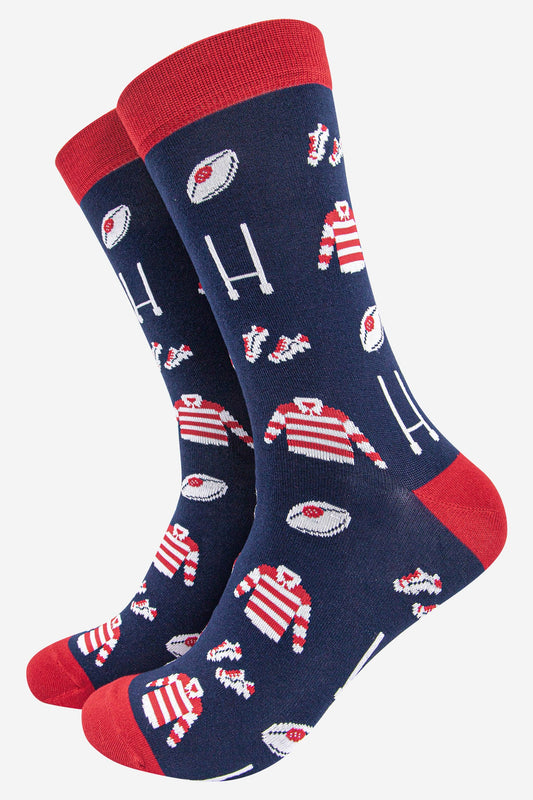 Men's Rugby Goal Kit Bamboo Socks  in Navy and Red