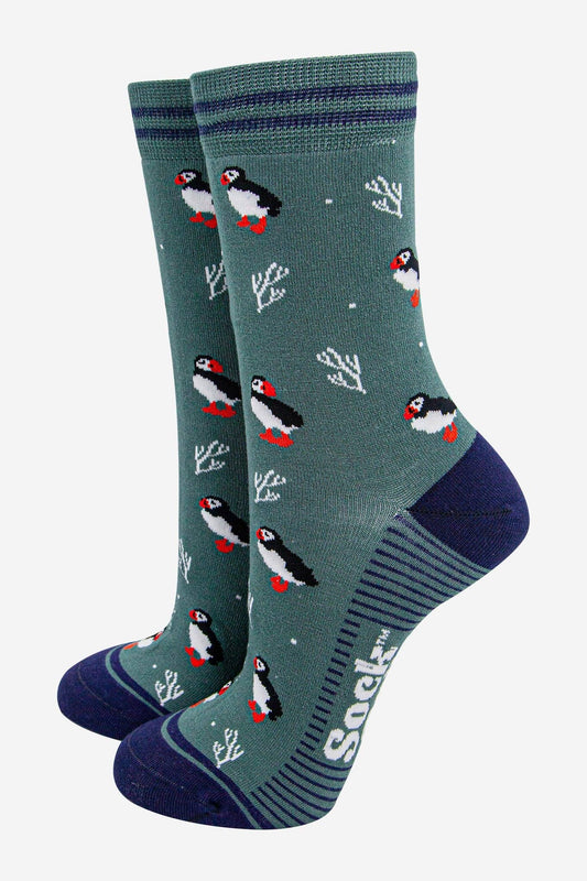 Women's Bamboo Socks - Green/Navy Blue, Puffins and Coral